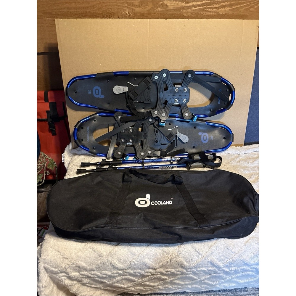 Odoland 30" Snowshoes Set w/ Trekking Poles Carry Bag Black blue Model OD0412L